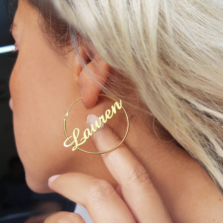 Vaoov 925 Ayar Gümüş Kişiye Özel İsimli Büyük Halka Küpe - 3