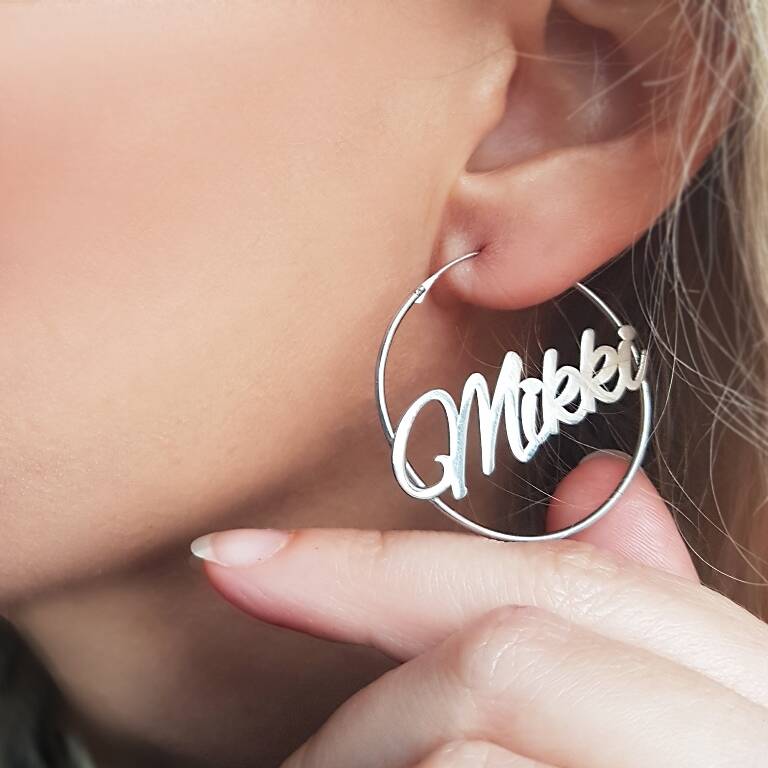 Vaoov 925 Ayar Gümüş Kişiye Özel İsimli Büyük Halka Küpe - 5