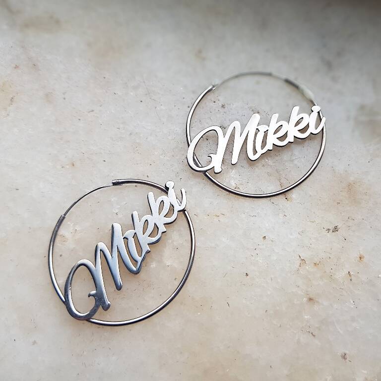 Vaoov 925 Ayar Gümüş Kişiye Özel İsimli Büyük Halka Küpe - 6