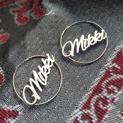 Vaoov 925 Ayar Gümüş Kişiye Özel İsimli Büyük Halka Küpe - 7