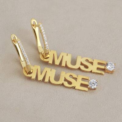 Vaoov 925 Ayar Gümüş Kişiye Özel İsimli Dikey Tek Taşlı Küpe / Büyük Boy - 4