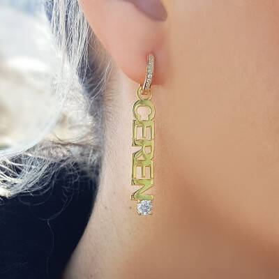 Vaoov 925 Ayar Gümüş Kişiye Özel İsimli Dikey Tek Taşlı Küpe / Büyük Boy - 5