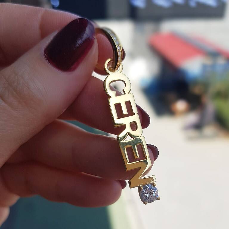 Vaoov 925 Ayar Gümüş Kişiye Özel İsimli Dikey Tek Taşlı Küpe / Büyük Boy - 6