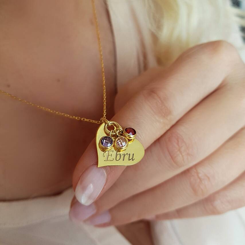 Vaoov 925 Ayar Gümüş Kişiye Özel Renkli Taşlı Kalp Kolye - 2