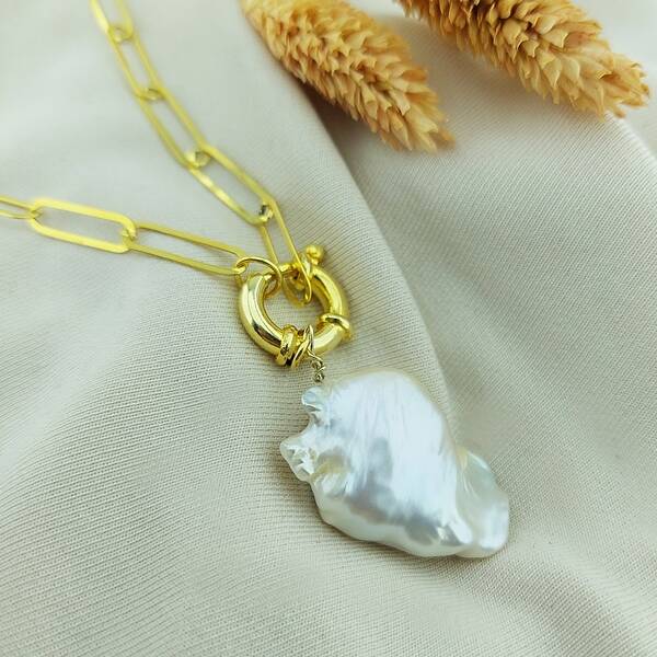 Vaoov 925 Ayar Gümüş Köşeli Zincirli Barok İnci Kolye - 2