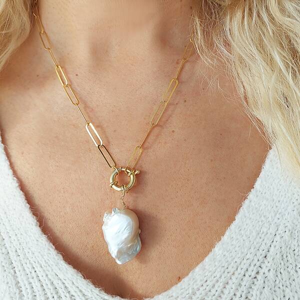 Vaoov 925 Ayar Gümüş Köşeli Zincirli Barok İnci Kolye - 4