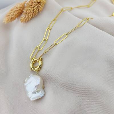 Vaoov 925 Ayar Gümüş Köşeli Zincirli Barok İnci Kolye - 6