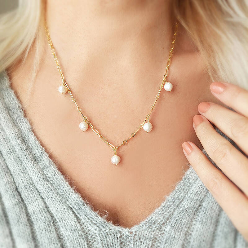 Vaoov 925 Ayar Gümüş Köşeli Zincirli İnci Kolye - 1