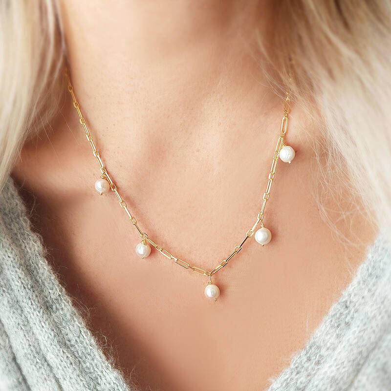 Vaoov 925 Ayar Gümüş Köşeli Zincirli İnci Kolye - 2