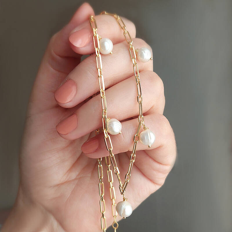 Vaoov 925 Ayar Gümüş Köşeli Zincirli İnci Kolye - 3