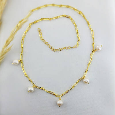 Vaoov 925 Ayar Gümüş Köşeli Zincirli İnci Kolye - 4