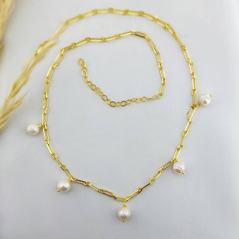 Vaoov 925 Ayar Gümüş Köşeli Zincirli İnci Kolye - 4