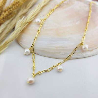 Vaoov 925 Ayar Gümüş Köşeli Zincirli İnci Kolye - 5