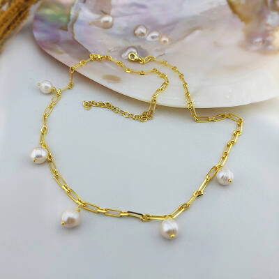 Vaoov 925 Ayar Gümüş Köşeli Zincirli İnci Kolye - 6