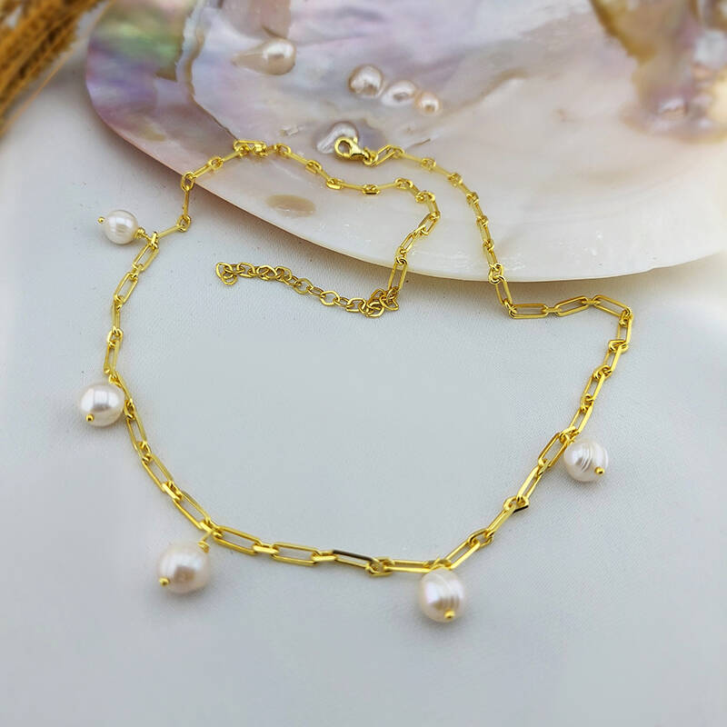 Vaoov 925 Ayar Gümüş Köşeli Zincirli İnci Kolye - 6