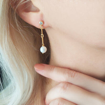 Vaoov 925 Ayar Gümüş Köşeli Zincirli İnci Küpe - 2