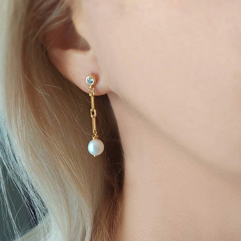 Vaoov 925 Ayar Gümüş Köşeli Zincirli İnci Küpe - 4