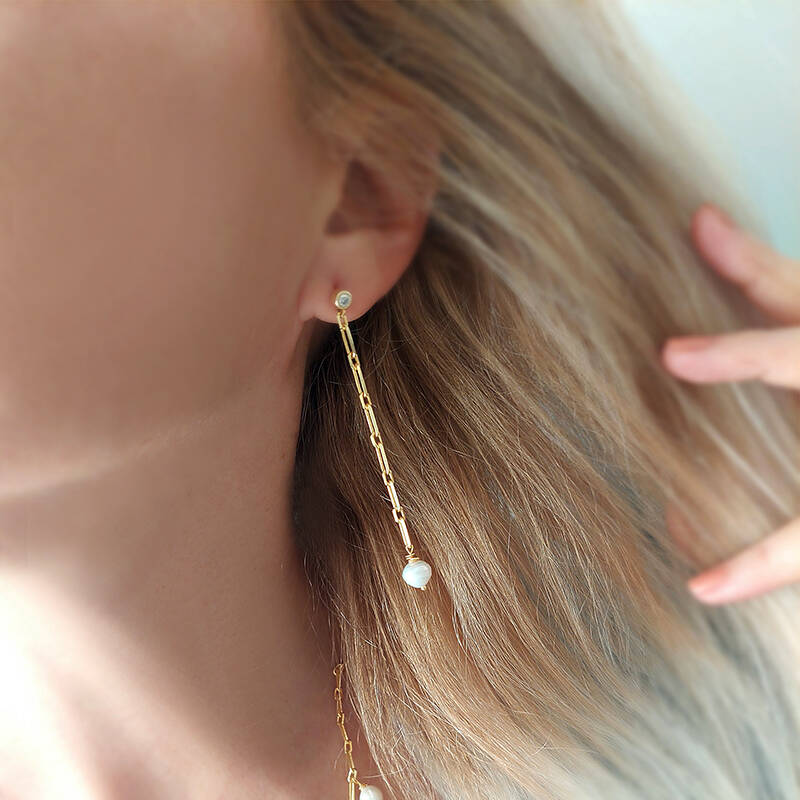 Vaoov 925 Ayar Gümüş Köşeli Zincirli İnci Küpe - 5