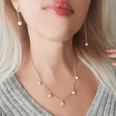 Vaoov 925 Ayar Gümüş Köşeli Zincirli İnci Küpe - 6