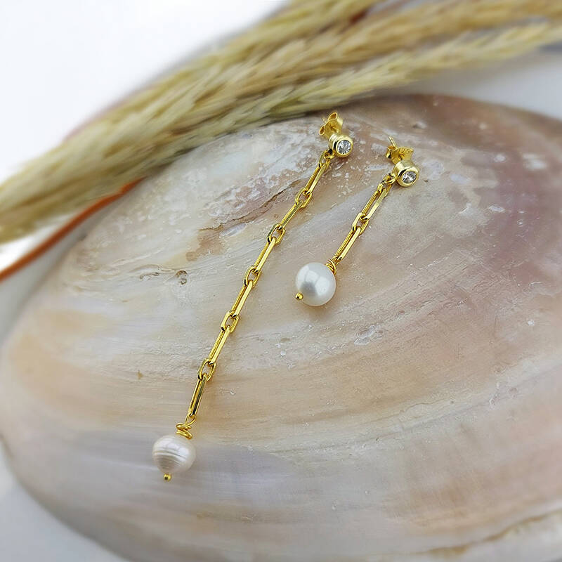 Vaoov 925 Ayar Gümüş Köşeli Zincirli İnci Küpe - 7