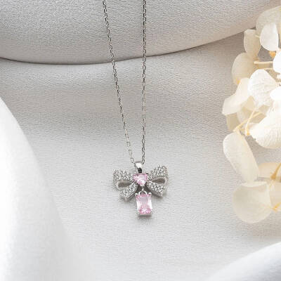 Vaoov 925 Ayar Gümüş Kurdeleli Baget Taşlı Kolye - 2