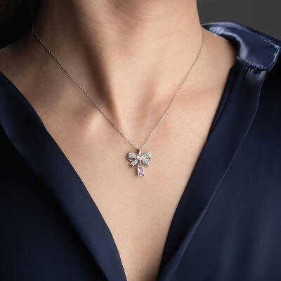 Vaoov 925 Ayar Gümüş Kurdeleli Baget Taşlı Kolye - 3