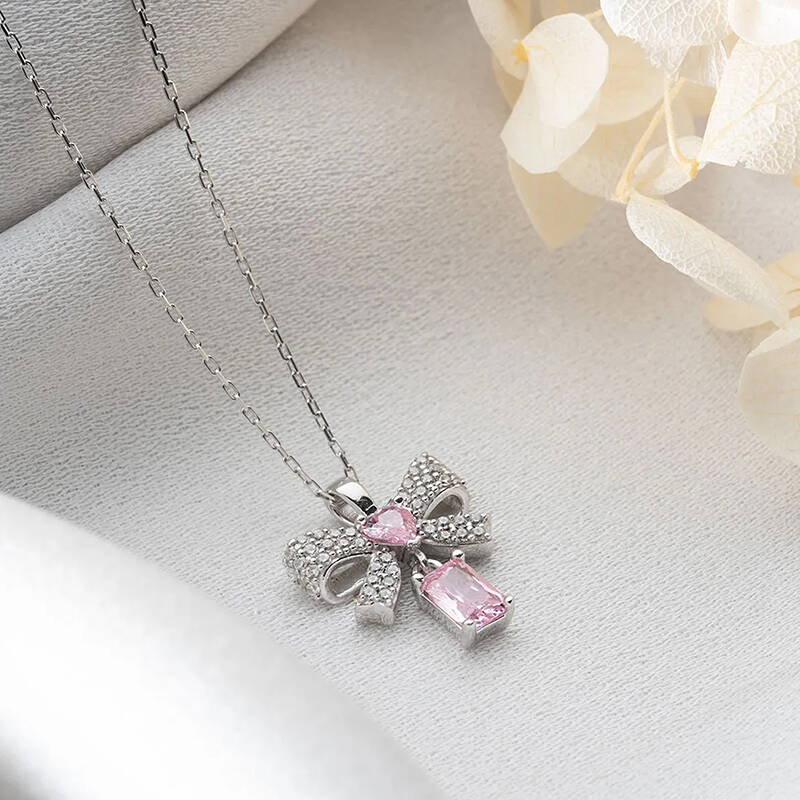 Vaoov 925 Ayar Gümüş Kurdeleli Baget Taşlı Kolye - 4