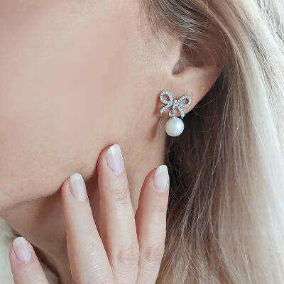 Vaoov 925 Ayar Gümüş Kurdeleli İnci Küpe 