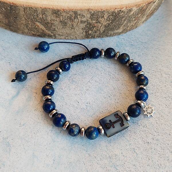 Vaoov 925 Ayar Gümüş Lapis ve Hematit Taşlı Çapa Erkek Bileklik   - 1