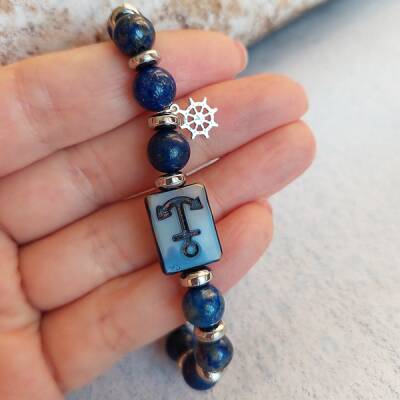 Vaoov 925 Ayar Gümüş Lapis ve Hematit Taşlı Çapa Erkek Bileklik   - 2