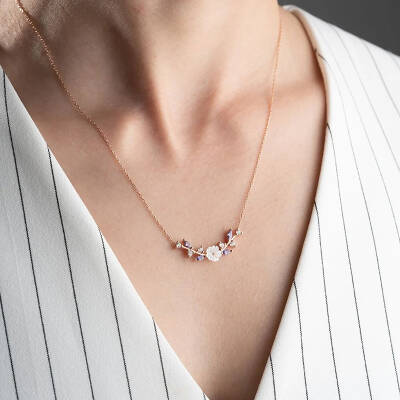 Vaoov 925 Ayar Gümüş Lila Taşlı Bahar Dalı Kolye - 2