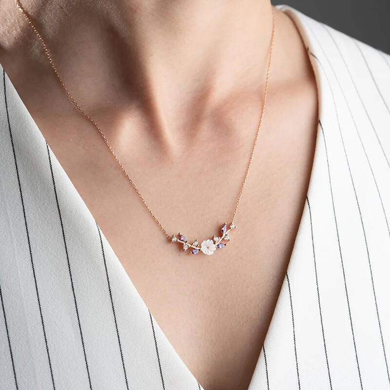 Vaoov 925 Ayar Gümüş Lila Taşlı Bahar Dalı Kolye - 2