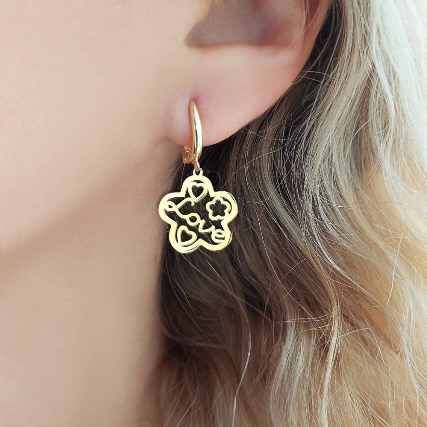 Vaoov 925 Ayar Gümüş Love Yazılı Çiçek Küpe - 1