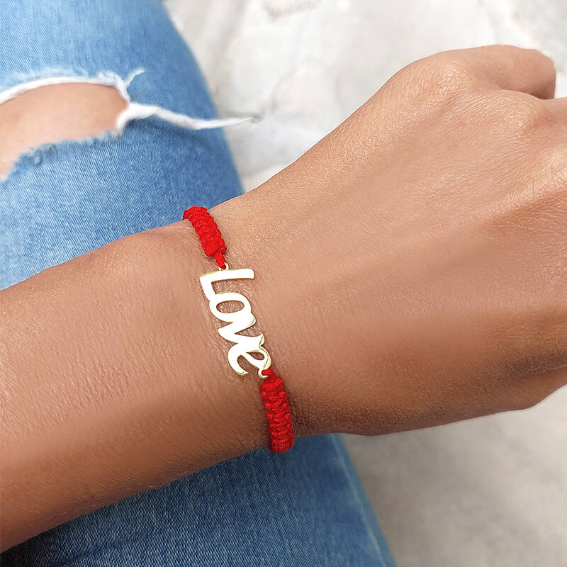 Vaoov 925 Ayar Gümüş Love Yazılı Kırmızı Makrome Örgü Bileklik - 1