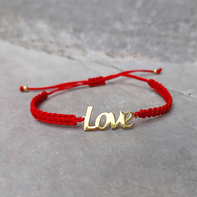 Vaoov 925 Ayar Gümüş Love Yazılı Kırmızı Makrome Örgü Bileklik - 2