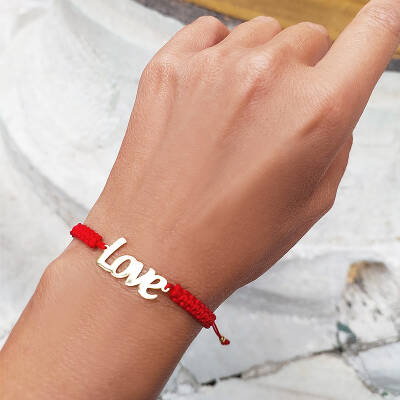 Vaoov 925 Ayar Gümüş Love Yazılı Kırmızı Makrome Örgü Bileklik - 3