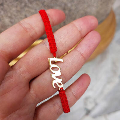 Vaoov 925 Ayar Gümüş Love Yazılı Kırmızı Makrome Örgü Bileklik - 4