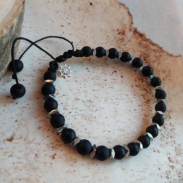 Vaoov 925 Ayar Gümüş Mat Oniks ve Hematit Taşlı Çapa Erkek Bileklik   - 1