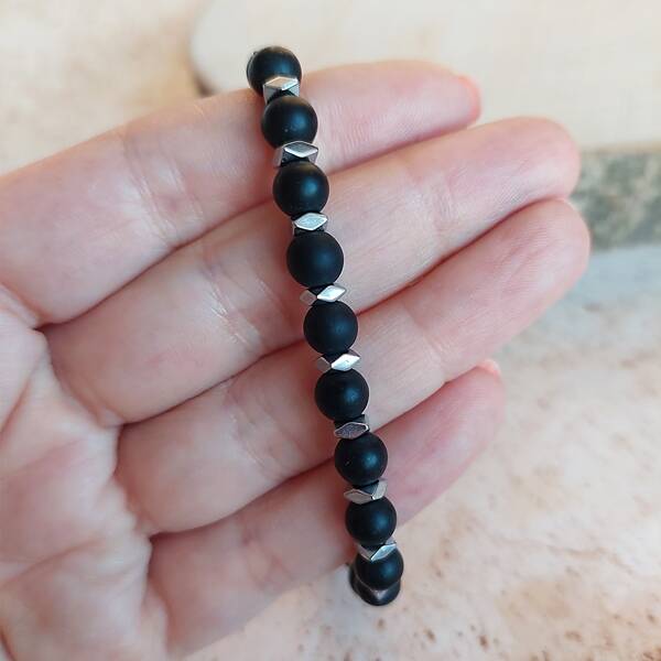 Vaoov 925 Ayar Gümüş Mat Oniks ve Hematit Taşlı Çapa Erkek Bileklik   - 2