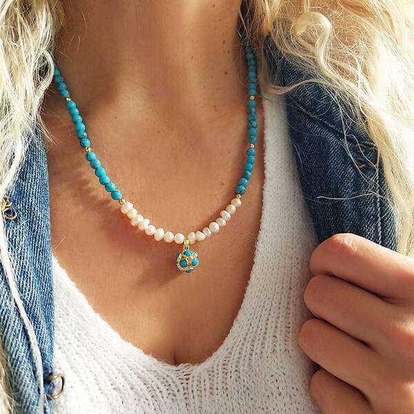 Vaoov 925 Ayar Gümüş Mavi Firuze Taşlı İnci Kolye - 1