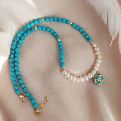 Vaoov 925 Ayar Gümüş Mavi Firuze Taşlı İnci Kolye - 2