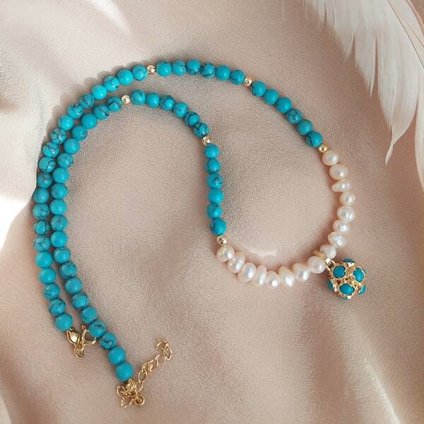 Vaoov 925 Ayar Gümüş Mavi Firuze Taşlı İnci Kolye - 2