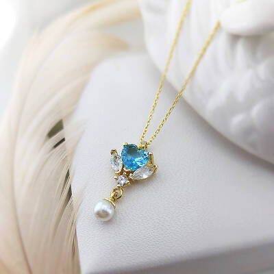 Vaoov 925 Ayar Gümüş Mavi Kalp Taşlı Kolye - 1