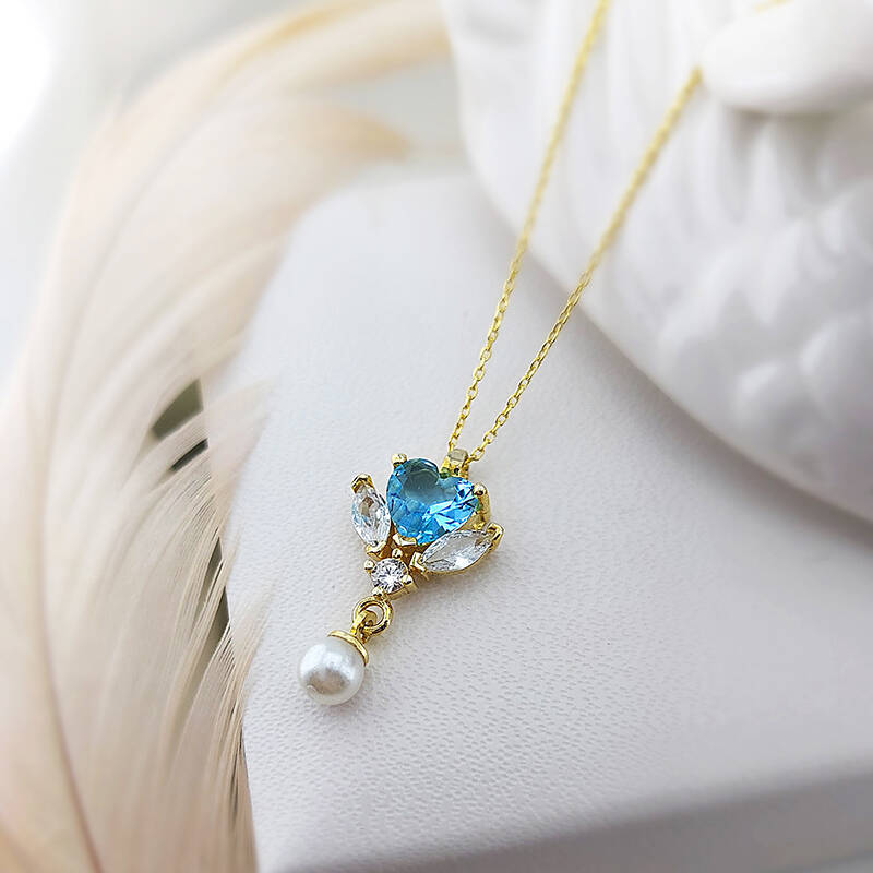 Vaoov 925 Ayar Gümüş Mavi Kalp Taşlı Kolye - 1