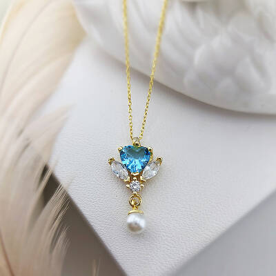 Vaoov 925 Ayar Gümüş Mavi Kalp Taşlı Kolye - 3