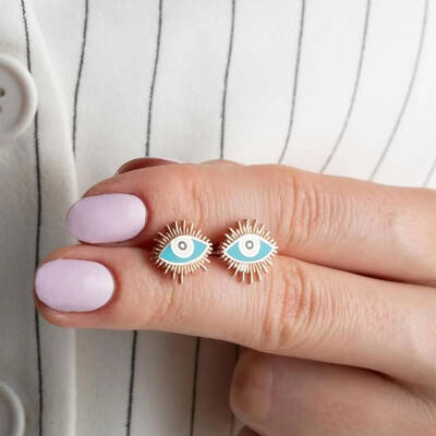 Vaoov 925 Ayar Gümüş Mavi Mineli Göz Küpe - 3