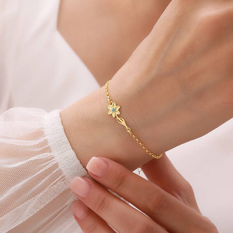 Vaoov 925 Ayar Gümüş Mavi Taşlı Çiçek Bileklik - 1