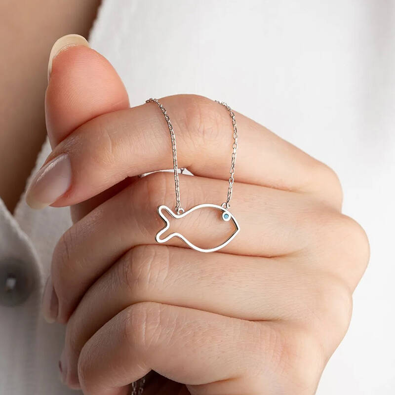 Vaoov 925 Ayar Gümüş Mavi Taşlı Minimalist Balık Kolye - 1