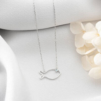 Vaoov 925 Ayar Gümüş Mavi Taşlı Minimalist Balık Kolye - 2