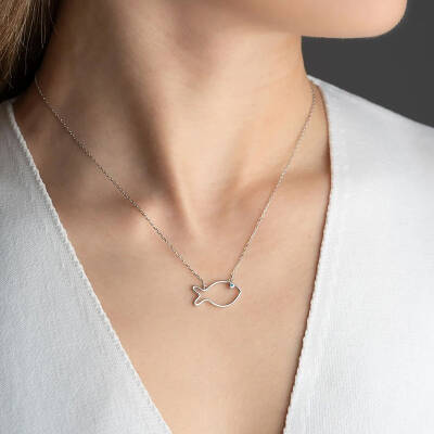 Vaoov 925 Ayar Gümüş Mavi Taşlı Minimalist Balık Kolye - 3